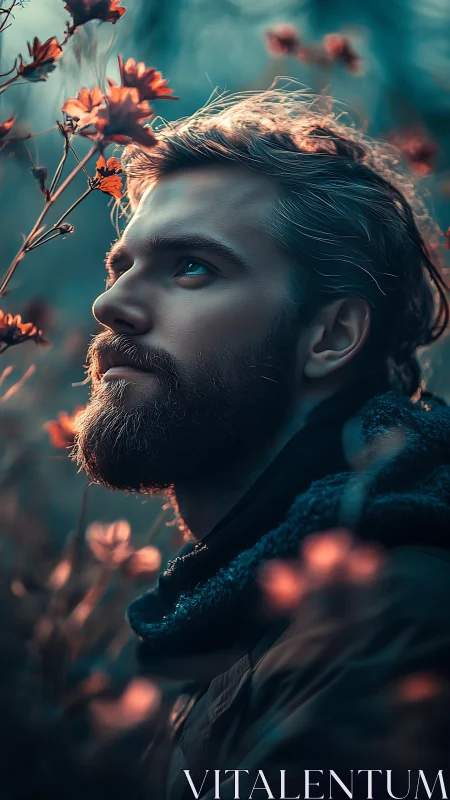 Bearded man gazes upward beside glowing orange wildflowers