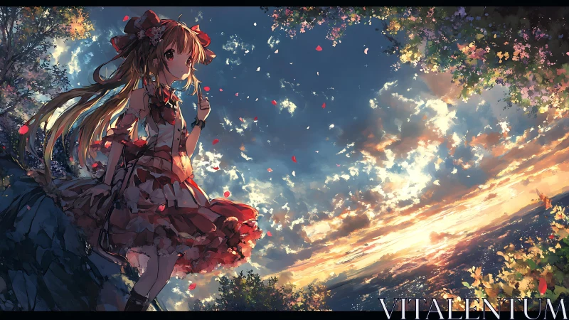 Anime girl on cliff watching vivid sunset sky scene.