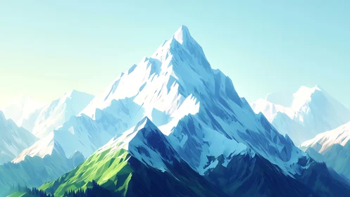 Geometric alpine peak under clear sky in digital style.