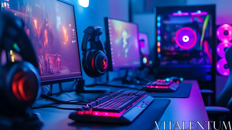 RGB gaming battlestation glows with dual displays and rig.