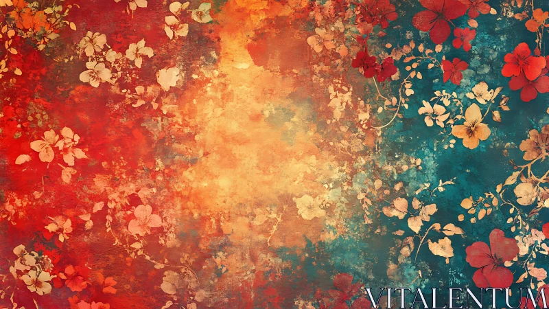 Floral blooms drift across warm red and teal textures.