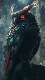 Infernal cybernetic owl dominates ruined gothic skyline