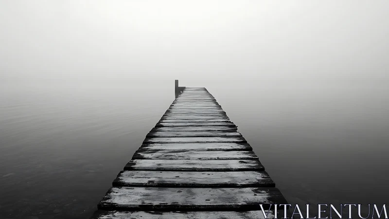 Wooden pier extends into calm foggy water under overcast sky