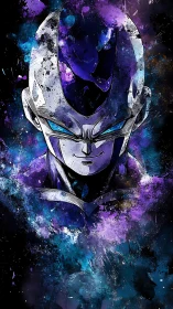 Cel-shaded armored alien bust in violet nebula ink splatter