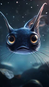 Wide eyed catfish sprite hovers in a dreamy blue abyss.