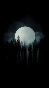 Moonlit forest silhouettes under deep midnight shroud.