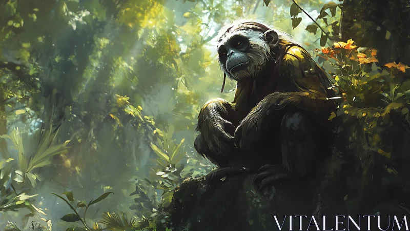 Primate sits on mossy rock within dense forest foliage