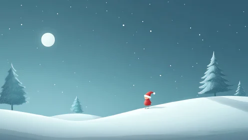 Minimalist winter hill with child in red under moonlit sky