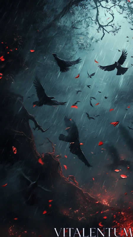 Crows fly through dark stormy forest above glowing embers