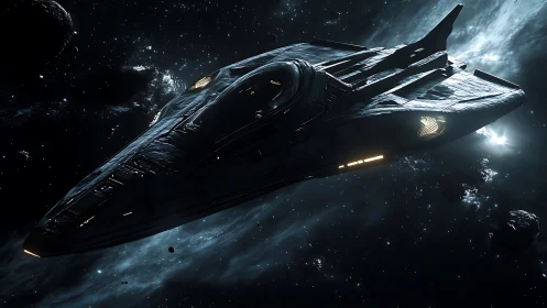Sleek starship glides calmly through a silent cosmic frontier