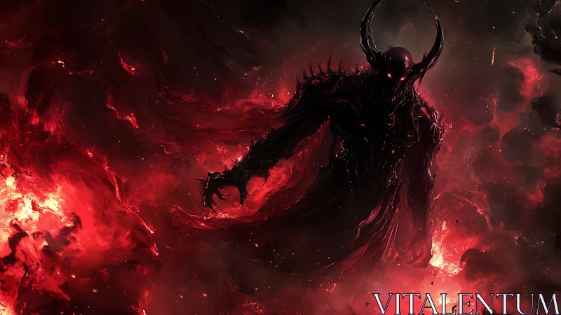 Horned dark entity walks through red fiery smoke field