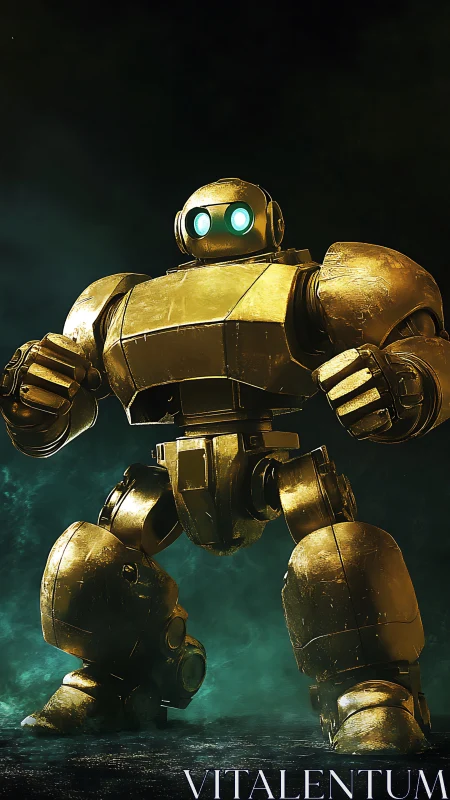 Gold armored robot stands in dramatic low angle lighting