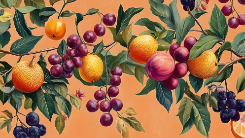 Lush citrus and plum branches glow against warm peach backdrop.