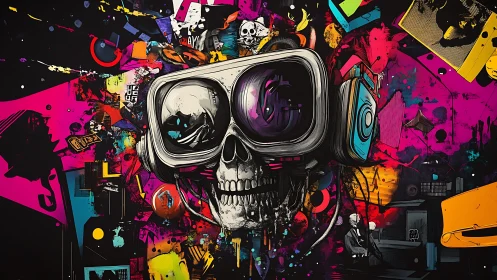 Neon skull DJ remixes chaos through oversized glitch goggles