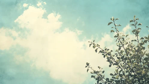 Vintage-style tree branches against soft blue sky with clouds.