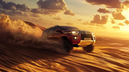 Red SUV driving across sunlit desert sand dunes at sunset.