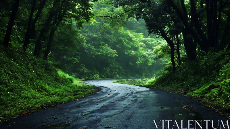 Verdant Forest Corridor with Flowing Stream, Diffused Canopy Illumination