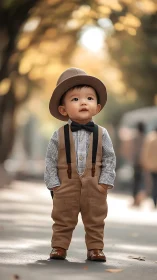 Toddler in vintage outfit on tree lined city street.