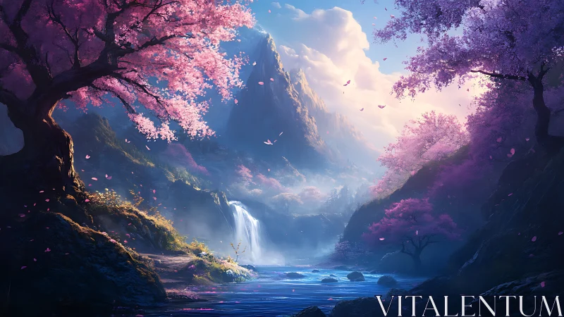 Fantasy valley waterfall framed by luminous cherry blossoms