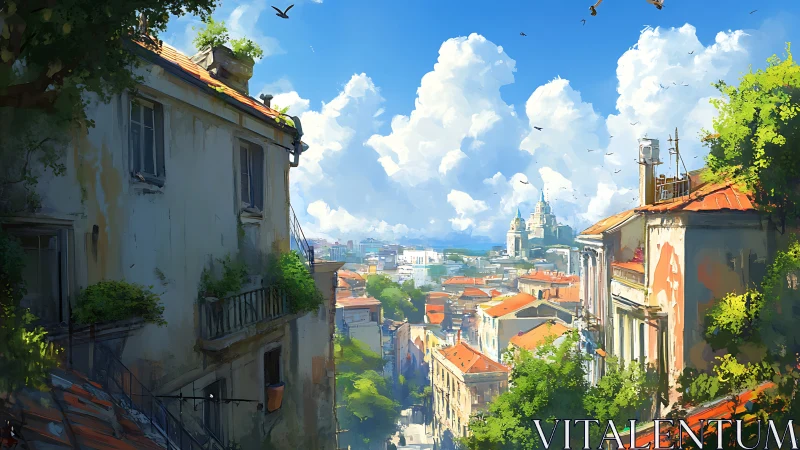 Sunlit hillside rooftops drift beneath cathedral clouds.