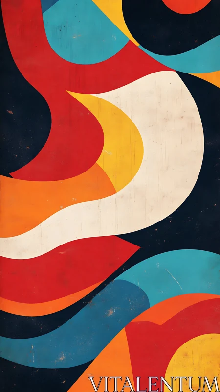 Curved geometric color blocks in retro abstract poster.