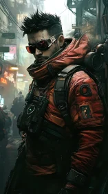 Cybernetic street operative in red tactical exosuit stance.