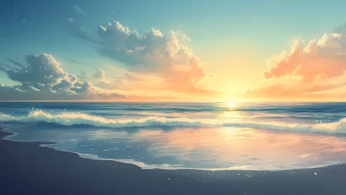 Serene pastel sunrise gently illuminates a tranquil ocean shore