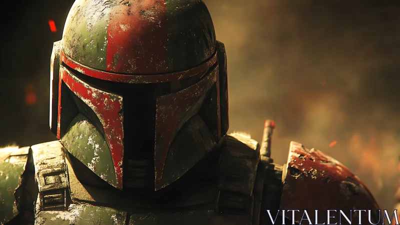 Armored sci fi warrior helmet in smoky cinematic light.