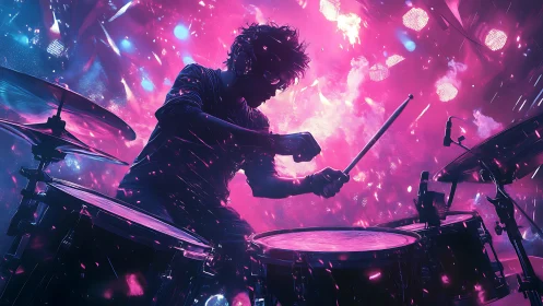 Silhouetted drummer on stage under neon concert lighting.