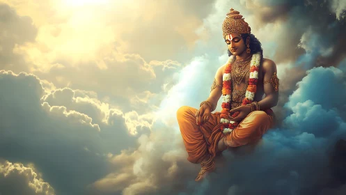 Divine deity seated on sunlit clouds in serene meditation.