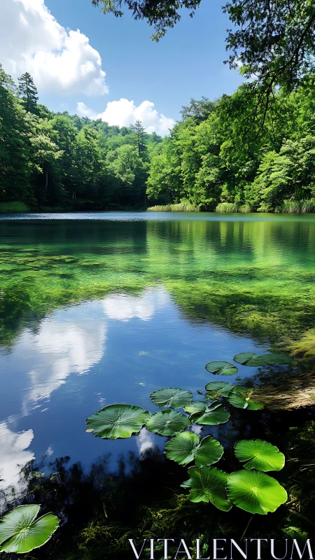 Lily pads cradle sky reflections on a glassy forest lake.