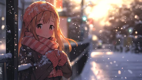 Winter streetlight glow on shy girl in orange knitwear.