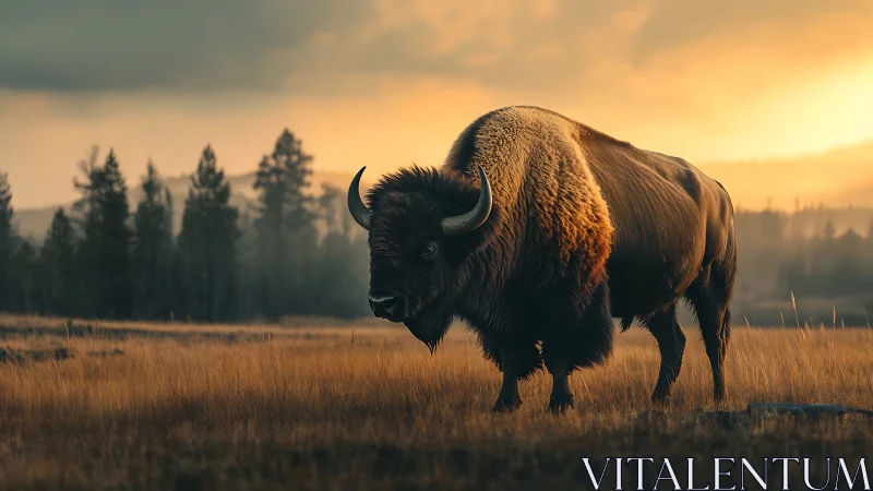 Backlit bison in atmospheric prairie twilight field study.