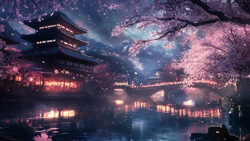 Cherry blossom riverside temple glows in luminous nightscape.