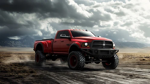 Crimson desert truck storms across a brooding open horizon