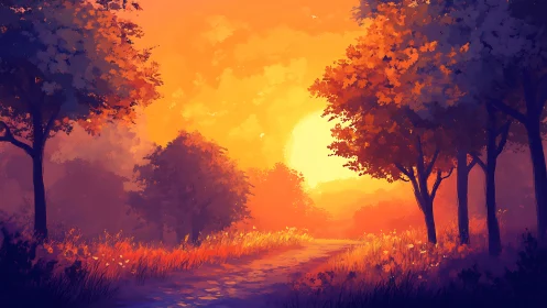 Sunlit forest path glows with intense orange evening light