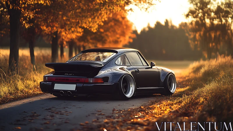 Widebody Porsche 911 Turbo rendered in warm autumn backlight on lane