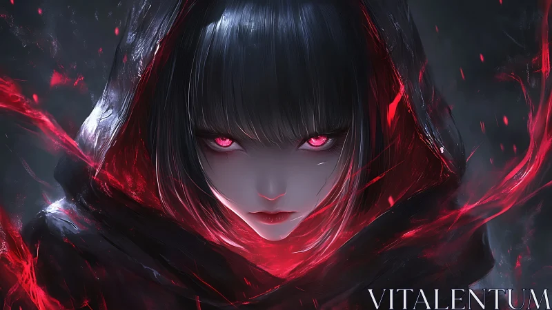 Dark sorceress portrait with glowing crimson eyes, shrouded.
