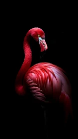 Crimson flamingo glows like neon silk against midnight void.