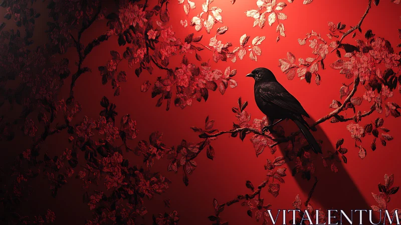 Black bird perches on floral textured red wall surface