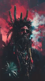 Desert mystic in neon dusk with wild cactus crown above.