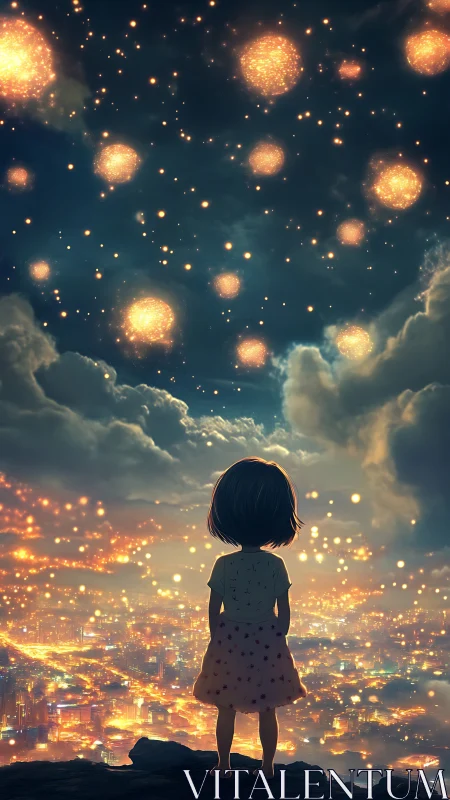 Child observing glowing sky above illuminated night city.