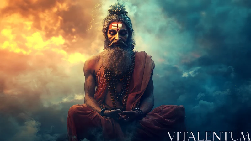 Skyborne sage in molten dusk and teal stormlight meditation.