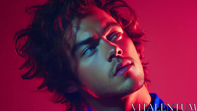 Young man in neon studio portrait with colorful lighting.