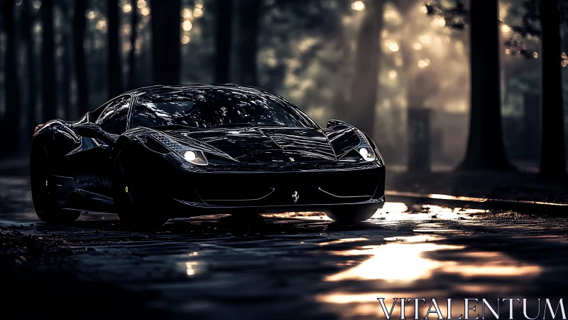 Black supercar slices through misty forest road at dawn.