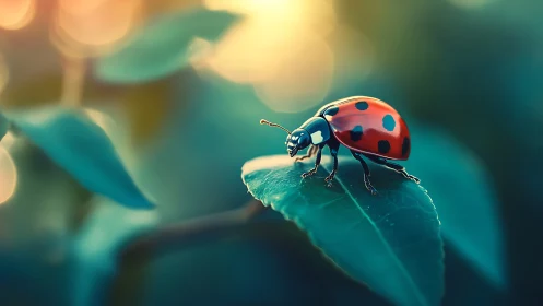 Sunlit ladybug stroll on dew-kissed emerald leaf. Period.