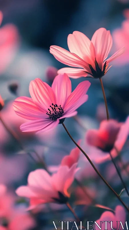 Pink Cosmos Flowers in Soft Focus Botanical Study.