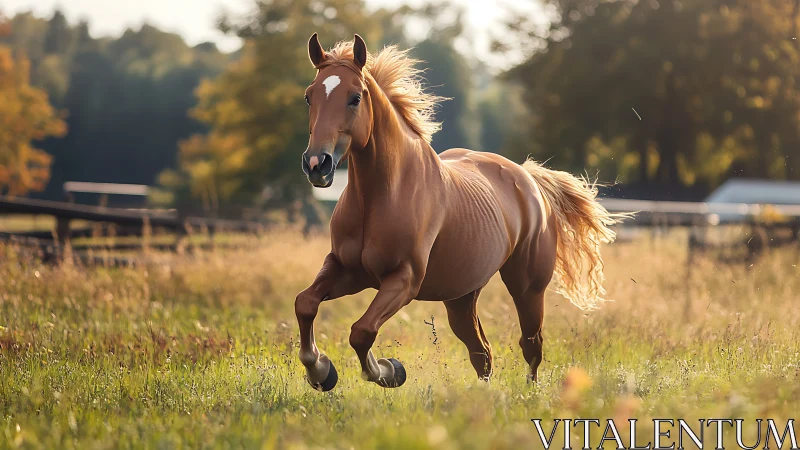 Chestnut horse gallops through a sunlit countryside meadow.