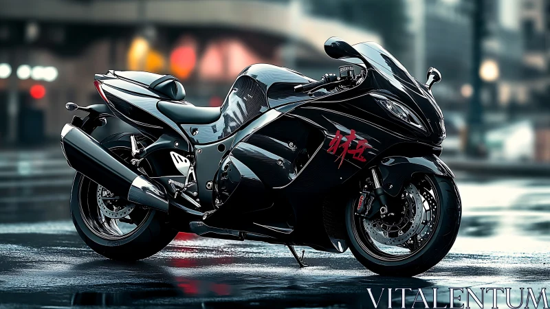 Black sport motorcycle on wet urban street at dusk.