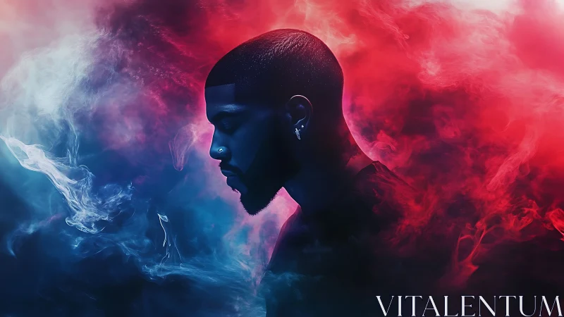 Profile portrait of man surrounded by blue and red smoke